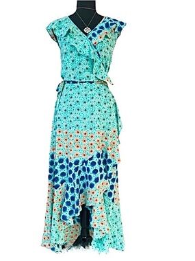 DONNA MORGAN ~ Teal Orange Blue Ruffled Floral High Low Wrap Dress size 16